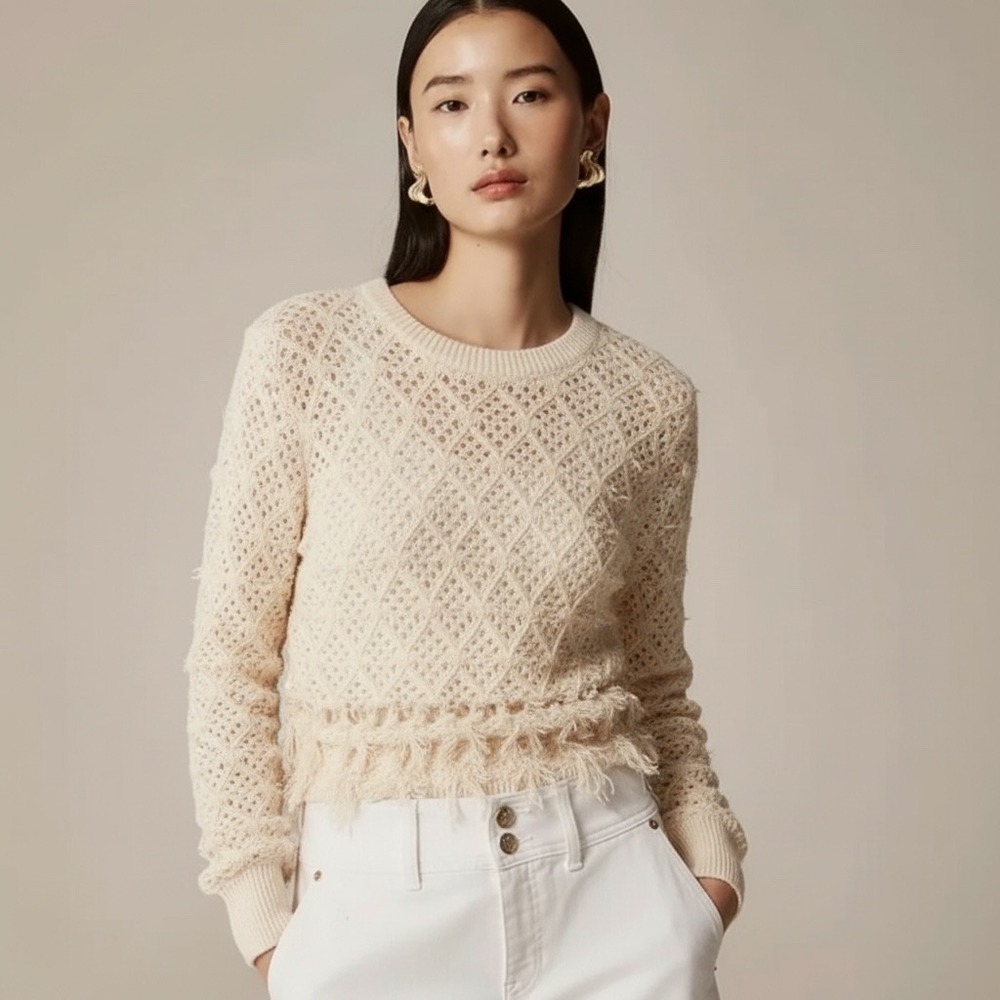 J.Crew | 2025 Pointelle‎ Crewneck Knit Open Sweater W. Fringe Ivory XS CG820